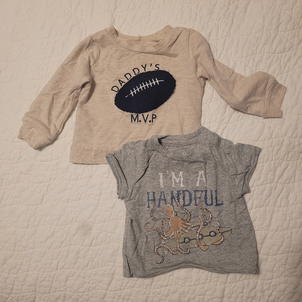 Baby football-themed sweatshirt and "I'm a handful" t-shirt